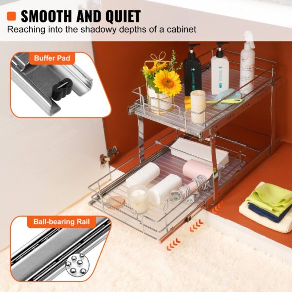 VEVOR pull out cabinet organizer with ball-bearing rail, buffer pad, and two shelves holding bathroom items.