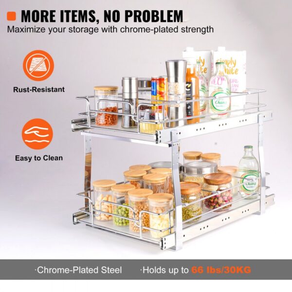 VEVOR pull out cabinet organizer with jars and bottles, highlighting rust resistance and chrome-plated steel.