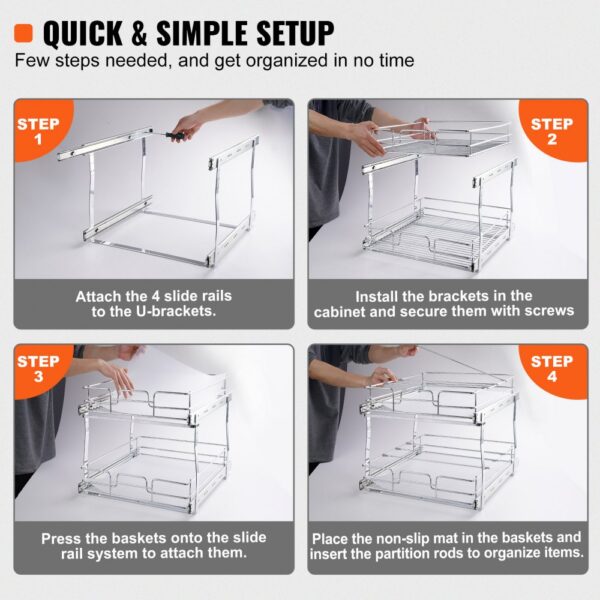 VEVOR pull out cabinet organizer setup guide: attach rails, install brackets, press baskets, organize items.