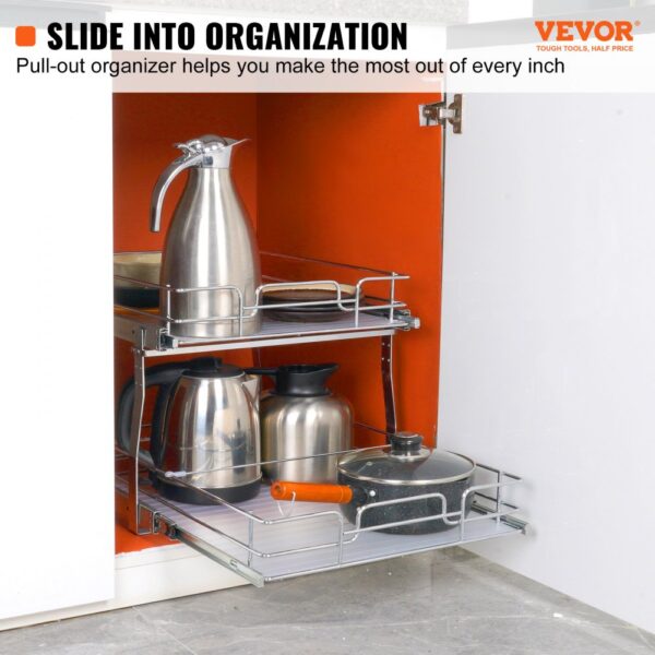 VEVOR pull out cabinet organizer with metal shelf on orange background holding kitchen pots and pitchers.