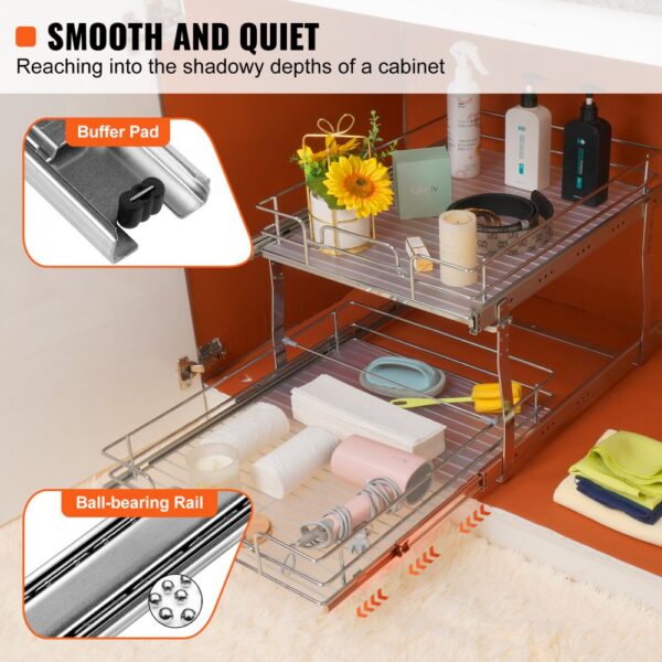 VEVOR pull out cabinet organizer with buffer pads and ball-bearing rails, neatly storing toiletries.