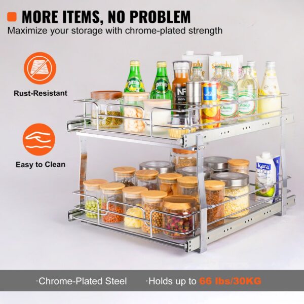 VEVOR pull out cabinet organizer with chrome-plated steel, showcasing jars and bottles, rust-resistant.