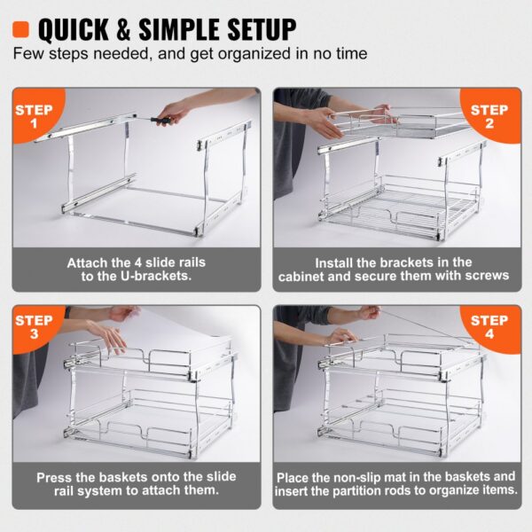 VEVOR pull out cabinet organizer assembly guide with four steps: attach rails, install brackets, and setup baskets.