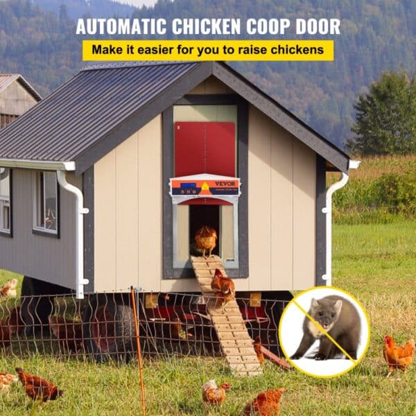 chickens entering a coop through a VEVOR automatic chicken coop door with predator protection.