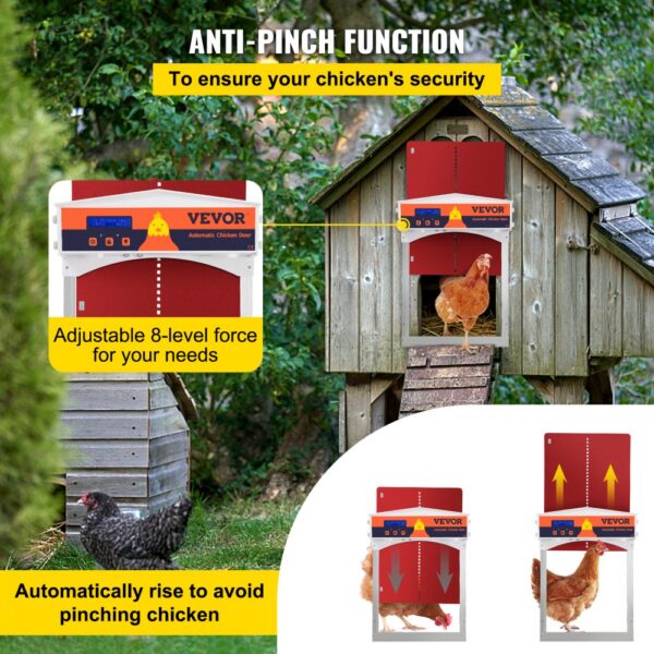 VEVOR automatic chicken coop door with anti-pinch function shown on a wooden coop.