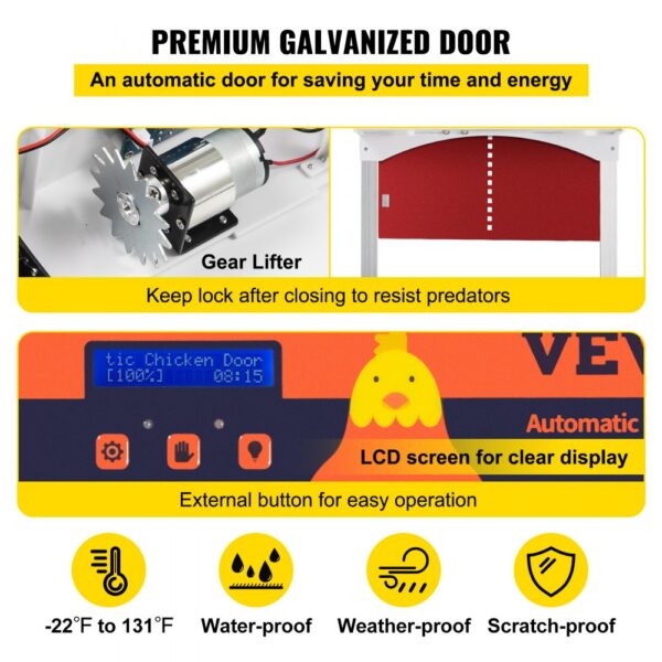 premium VEVOR automatic chicken coop door with lcd screen, gear lifter, weather-proof.