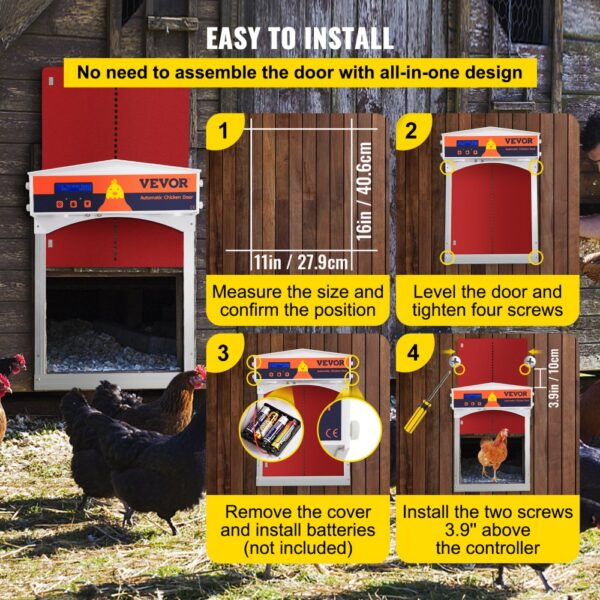 VEVOR automatic chicken coop door install guide with measurements and battery setup.