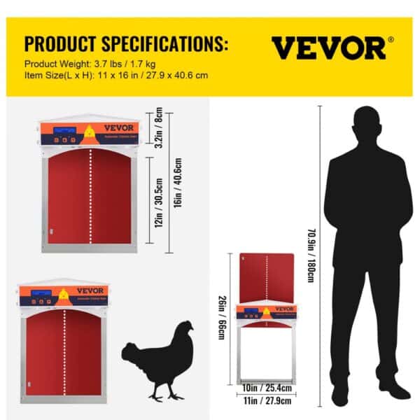 VEVOR automatic chicken coop door product dimensions and weight comparison with a human figure.