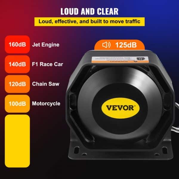 VEVOR car warning alarm system with 125db sound level, effective for traffic safety.