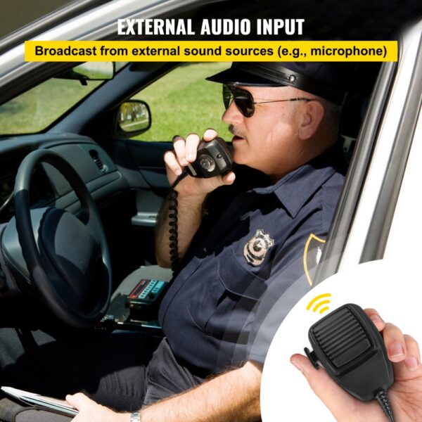 police officer using microphone in car featuring VEVOR car warning alarm system.