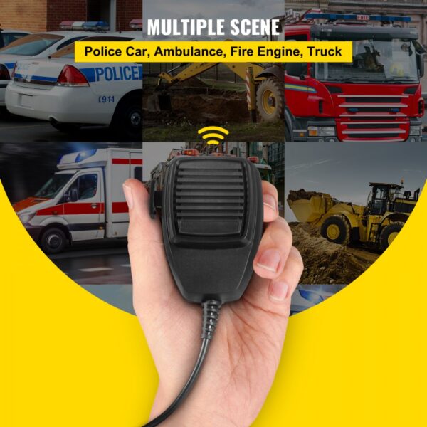 hand holding VEVOR car warning alarm system with police, ambulance, fire engine, truck.