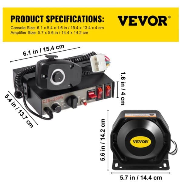 VEVOR car warning alarm system with dimensions and key specifications.