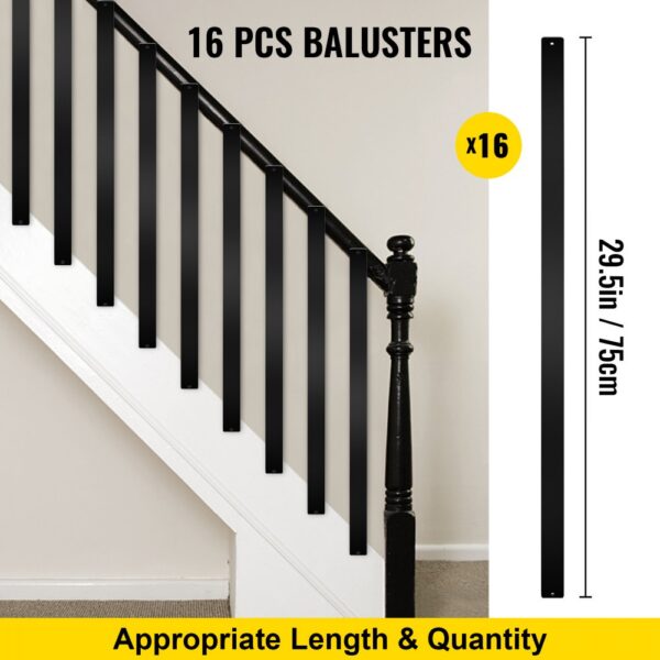 VEVOR deck balusters, 16 pcs, 29.5in length, black, attached to stairs.