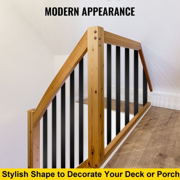 VEVOR deck balusters, modern wooden railing with black spindles, stylish decor upgrade.