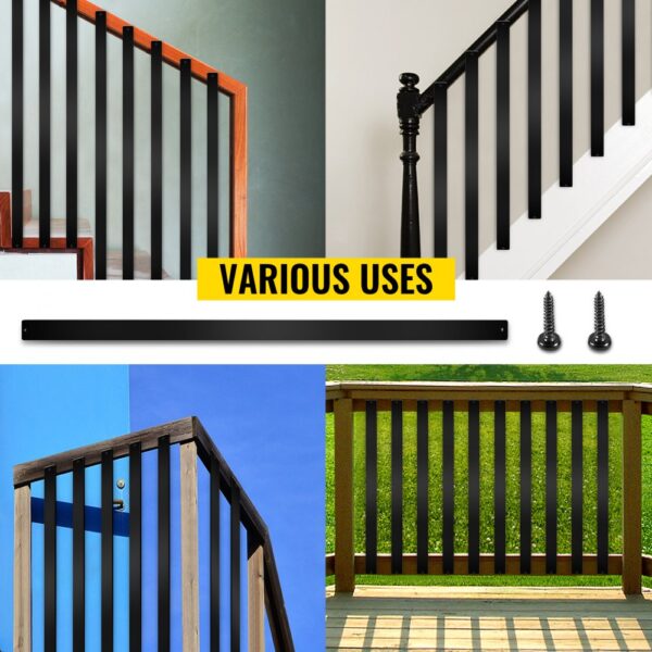 various examples of VEVOR deck balusters used for stairs and railings.