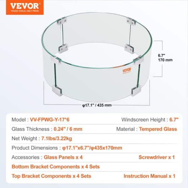 VEVOR fire pit wind guard with 6.7" tempered glass screen, 17.1" diameter, includes brackets and tools.