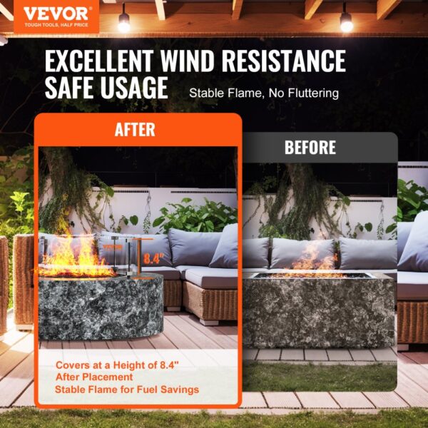 VEVOR fire pit wind guard, before and after comparison, enhancing fire stability and wind resistance.