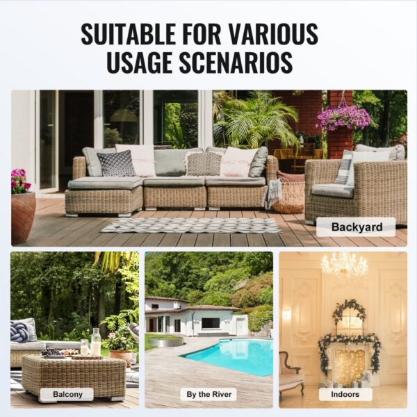 various usage scenarios showing a backyard sofa, balcony table, poolside, and indoor fire decor.