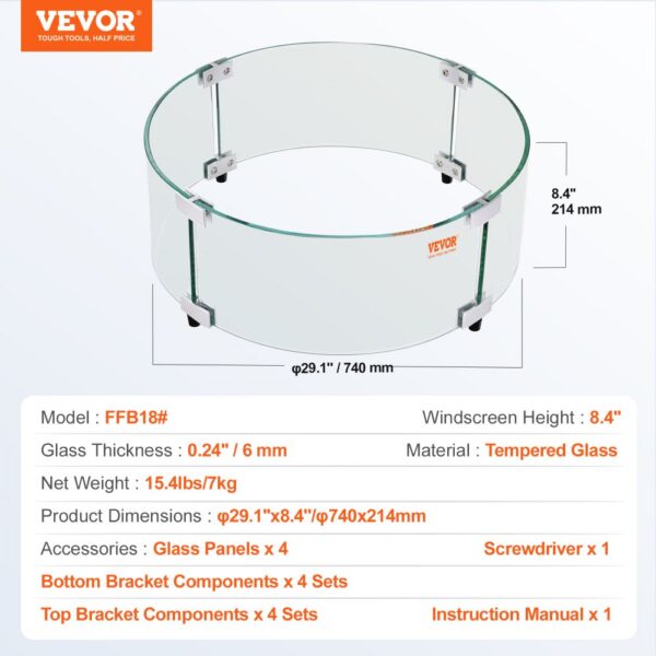 VEVOR fire pit wind guard, 8.4" tempered glass, 29.1" diameter, includes brackets and manual.