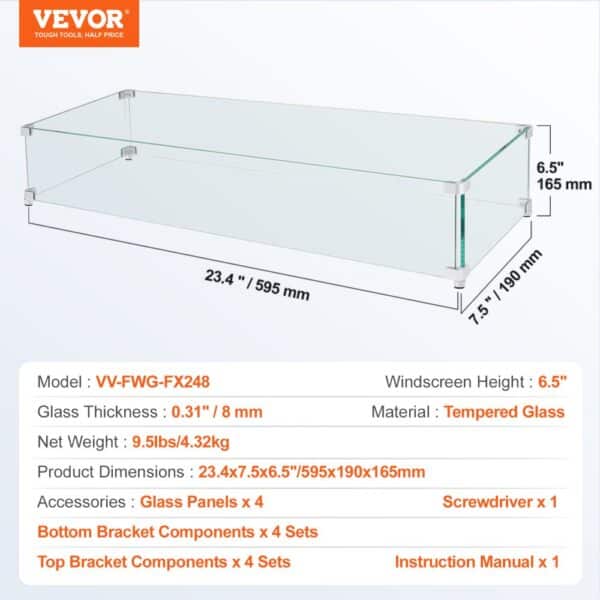 VEVOR gas fire pit wind guard with tempered glass, dimensions 23.4"x7.5"x6.5".