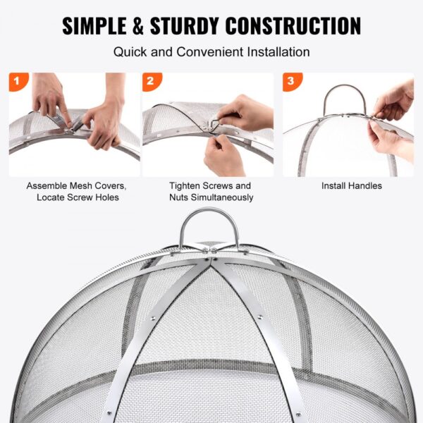 VEVOR firepit cover assembly guide showing steps to install mesh cover, tighten screws, and add handles.