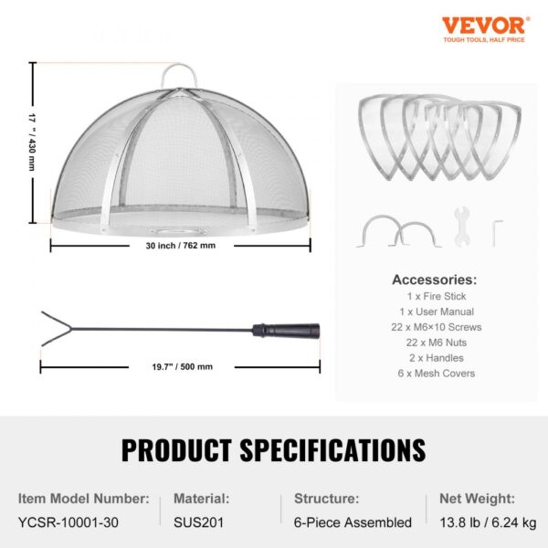 VEVOR firepit spark screen, 30-inch sus201 metal, 6-piece set with accessories, product specifications shown.