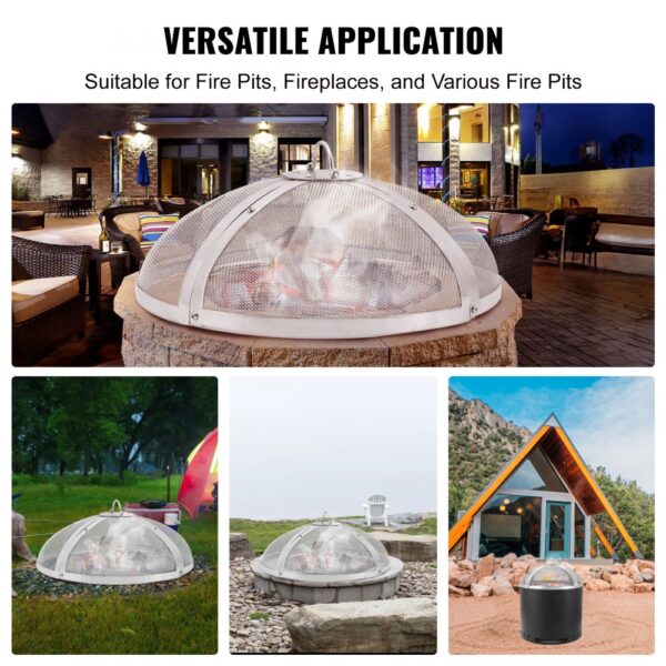 VEVOR fire pit spark screen displayed in various settings: patio, campsite, lakeside, and mountain cabin.