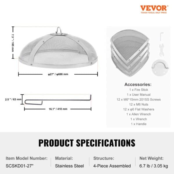 VEVOR fire pit spark screen, 27" stainless steel, 4-piece assembled, includes fire stick and accessories.