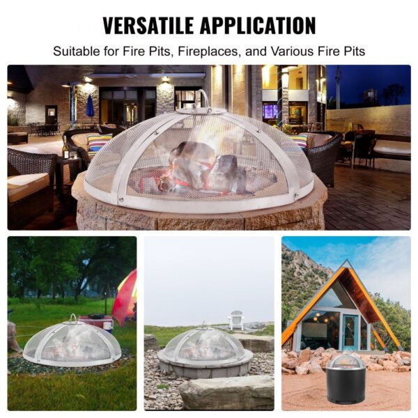 VEVOR fire pit screen on various fire pits, at a patio, campsite, lakeside, and modern cabin.