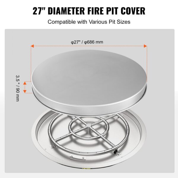 VEVOR fire pit cover, 27-inch diameter, compatible with various pit sizes, 3.5 inches high.