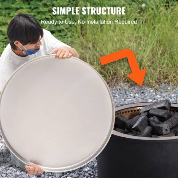 VEVOR fire pit cover ready to use with no installation required, shown with fire pit and charcoal.