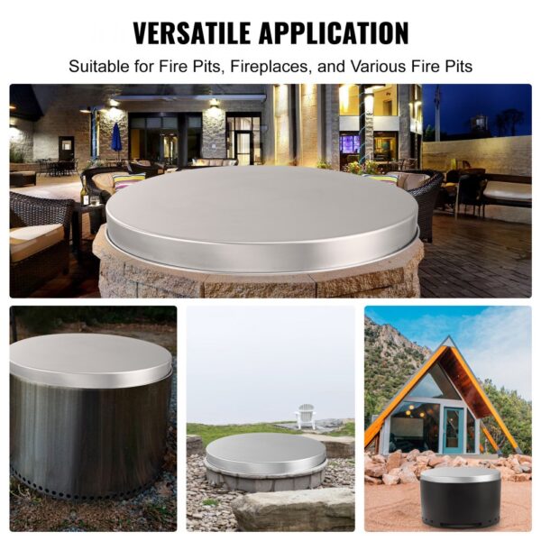 VEVOR fire pit cover displayed over various fire pits in different outdoor settings for versatility.