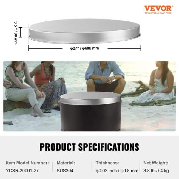 VEVOR fire pit cover; sus304 material; 27'' diameter; 3.5'' height; 8.8 lbs weight; beach setting.