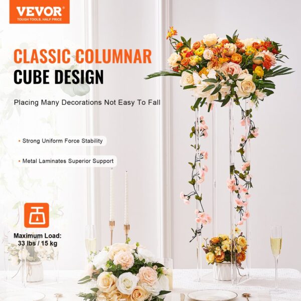 VEVOR wedding flower stand with classic columnar cube design, decorated with vibrant flowers.