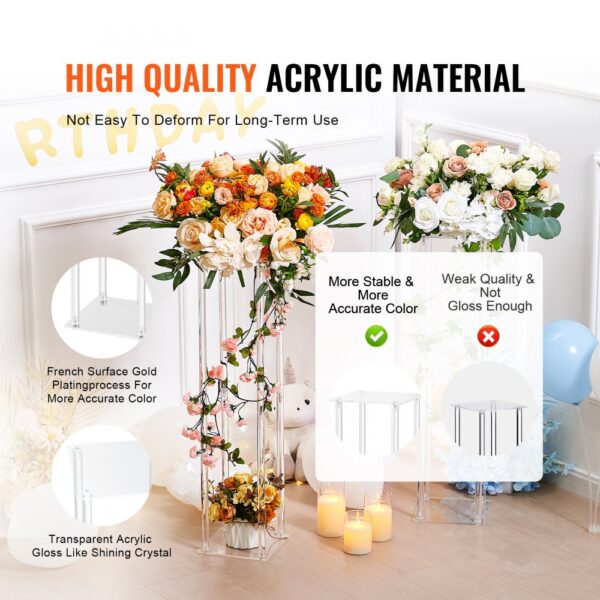 VEVOR wedding flower stand with colorful floral arrangements and high-quality acrylic material.