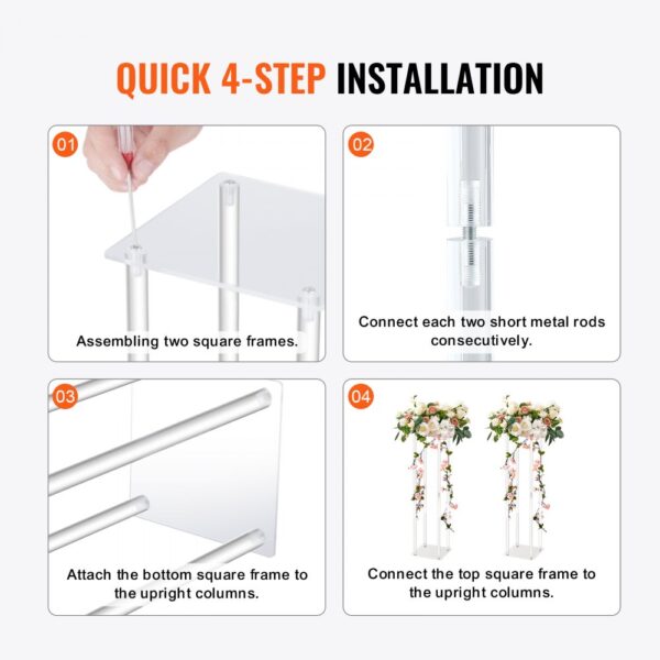 quick 4-step installation guide for VEVOR wedding flower stand with flower arrangements on top.