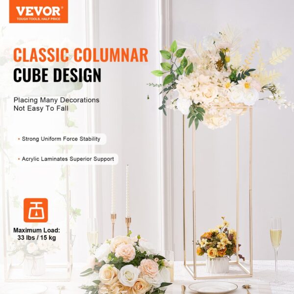 VEVOR wedding flower stand with elegant floral arrangements, golden column design, and candles in background.