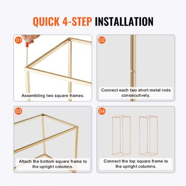 quick 4-step installation of VEVOR wedding flower stand showing frame assembly and connection.