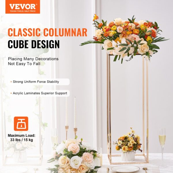 VEVOR wedding flower stand in a classic columnar cube design with flowers and candles.