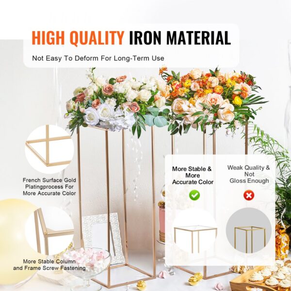 VEVOR wedding flower stand in gold with floral arrangements, highlighting durability and accurate color.