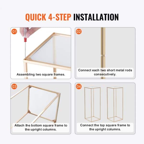 quick 4-step installation guide for VEVOR wedding flower stand with images showing assembly process.