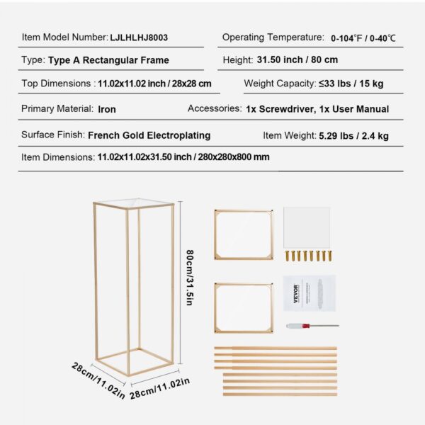 VEVOR wedding flower stand: 80cm gold rectangular frame with iron material and french gold electroplating.