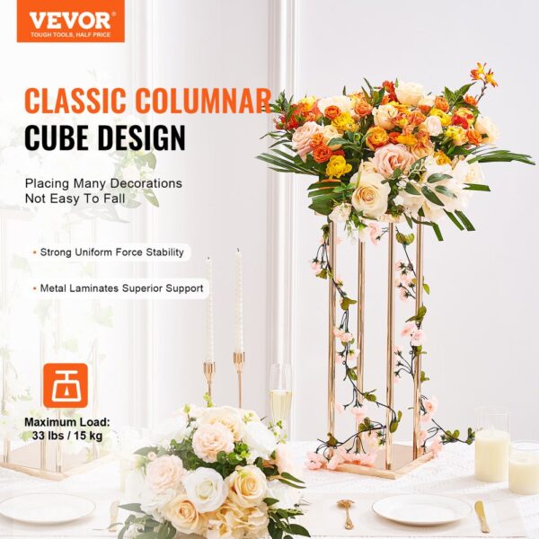 VEVOR wedding flower stand with orange and white blooms on a decorated table, classic columnar cube design.