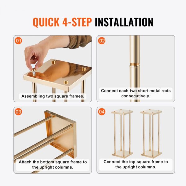 quick 4-step installation guide for assembling VEVOR wedding flower stand with metal rods and square frames.