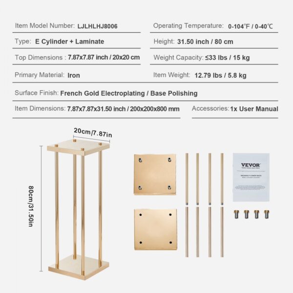 VEVOR wedding flower stand assembly details with dimensions and specifications, including user manual.