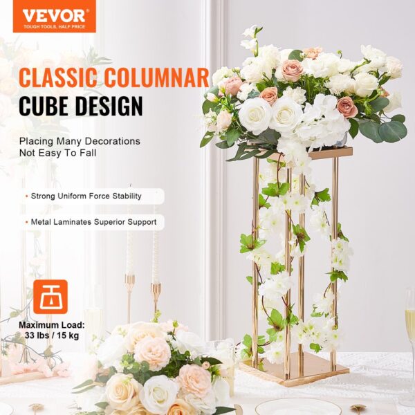 VEVOR 4PCS Gold Metal Column Wedding Flower Stand, 23.6inch /60cm High With Metal Laminate, Vase Geometric Centerpiece Stands, Cylindrical Floral Display Rack for Events Reception, Party Road Leads