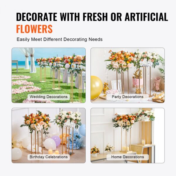 VEVOR 4PCS Gold Metal Column Wedding Flower Stand, 23.6inch /60cm High With Metal Laminate, Vase Geometric Centerpiece Stands, Cylindrical Floral Display Rack for Events Reception, Party Road Leads