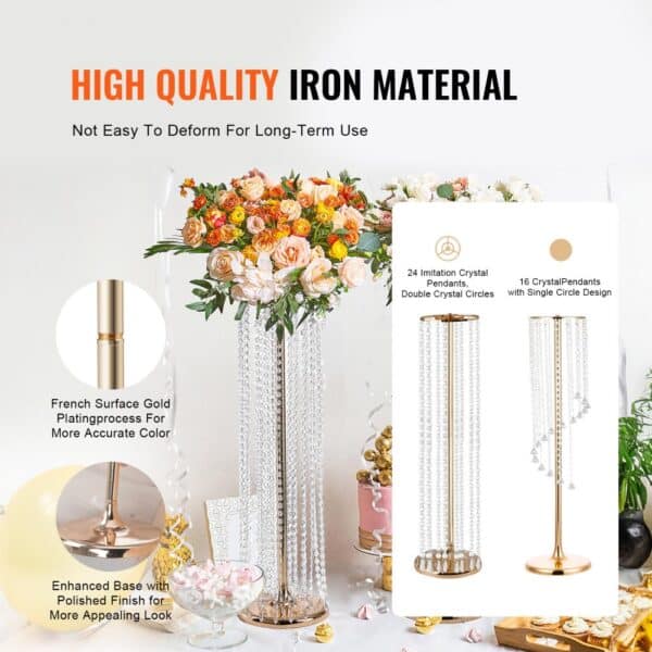 VEVOR crystal wedding flower stand with gold-plated base and imitation crystal pendants for decoration.