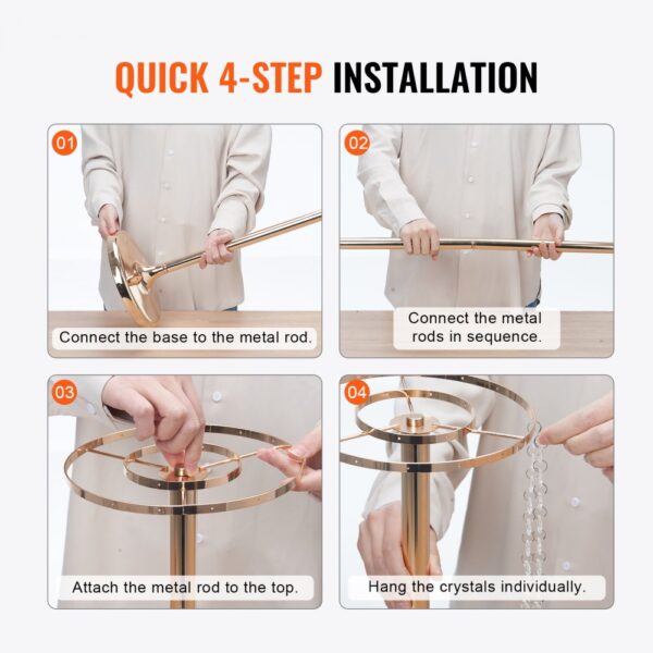 quick 4-step installation guide for VEVOR crystal wedding flower stand: base, rods, top, crystals.