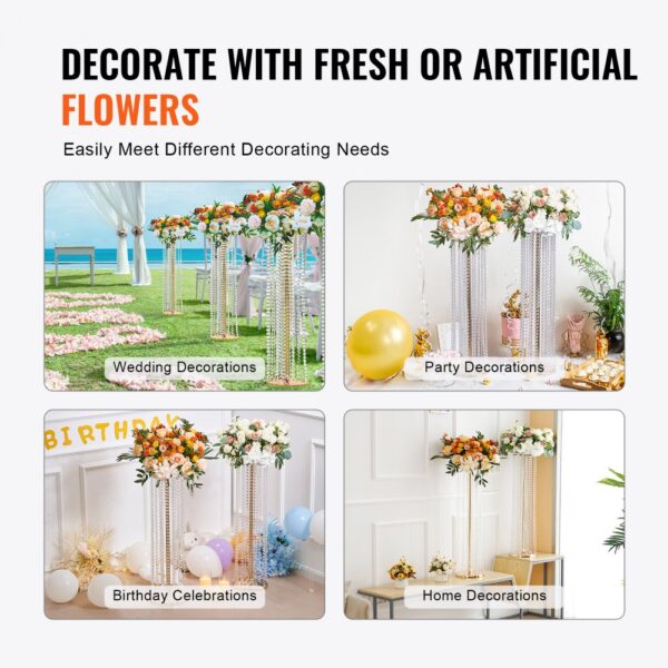 VEVOR crystal wedding flower stand used for wedding, party, birthday, and home decorations with flowers.